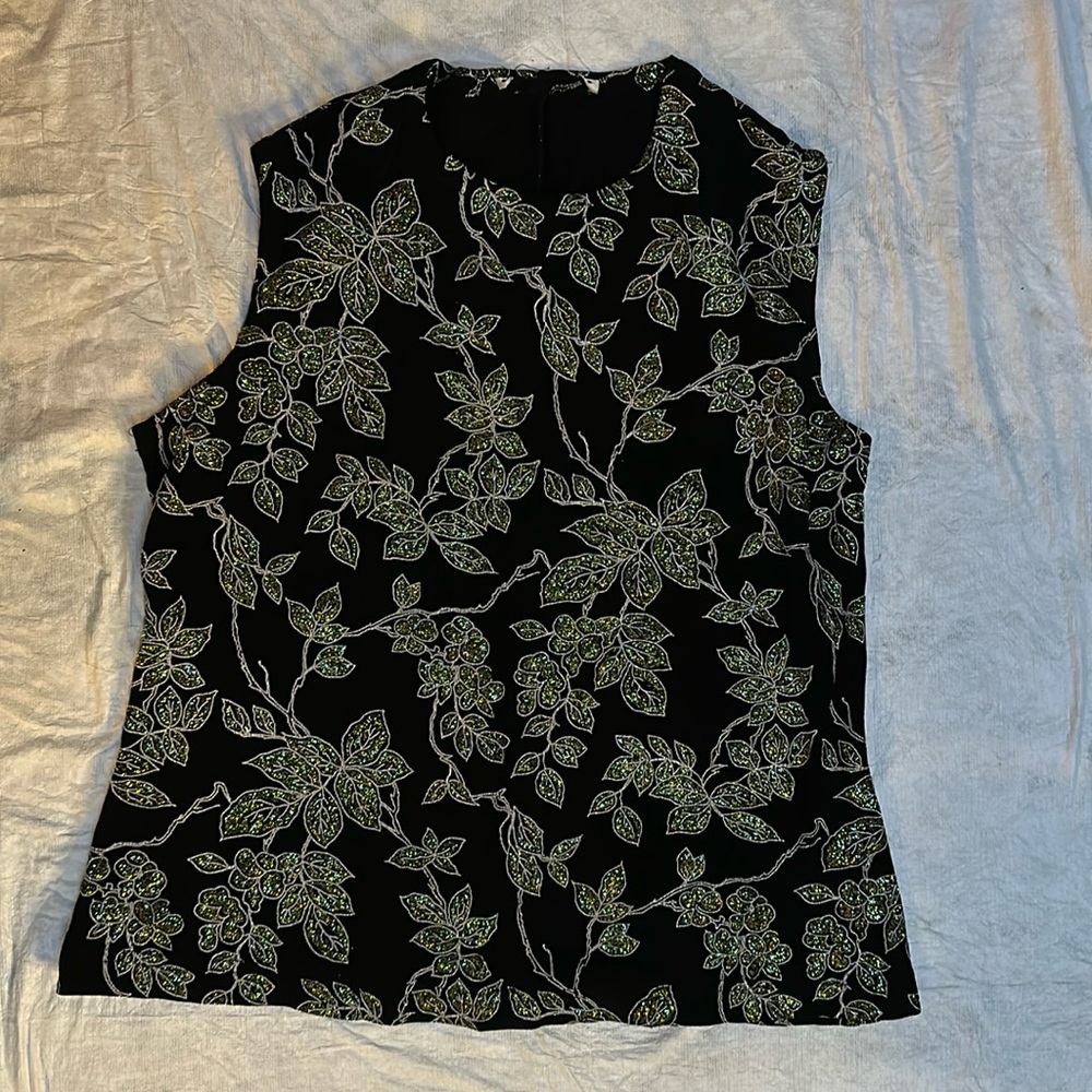 Sparkly Black Sleeveless top with green and silver sequins.  Pristine condition.